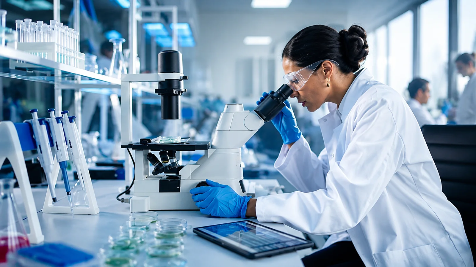 A scientist in a laboratory examining a sample under a microscope, with pipettes, culture plates and test tubes on the bench