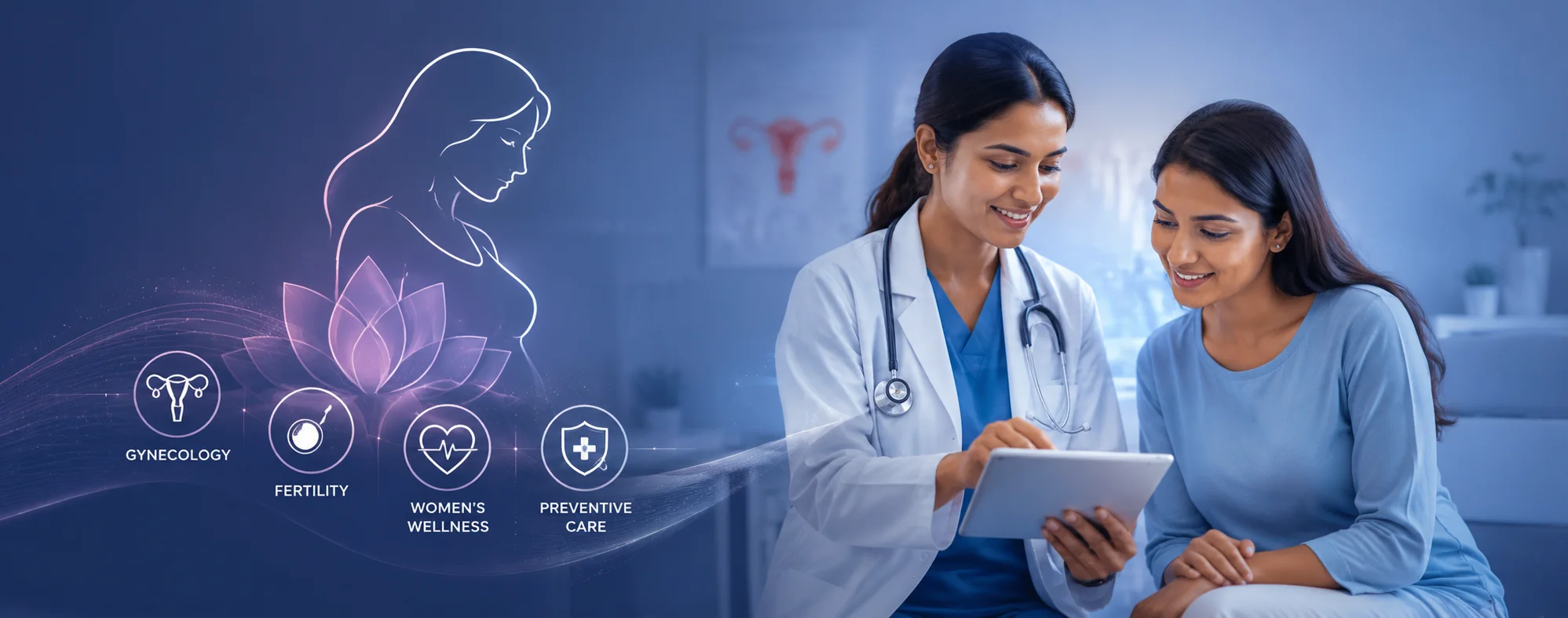 A clinician and a patient reviewing information together, with women's health motifs
