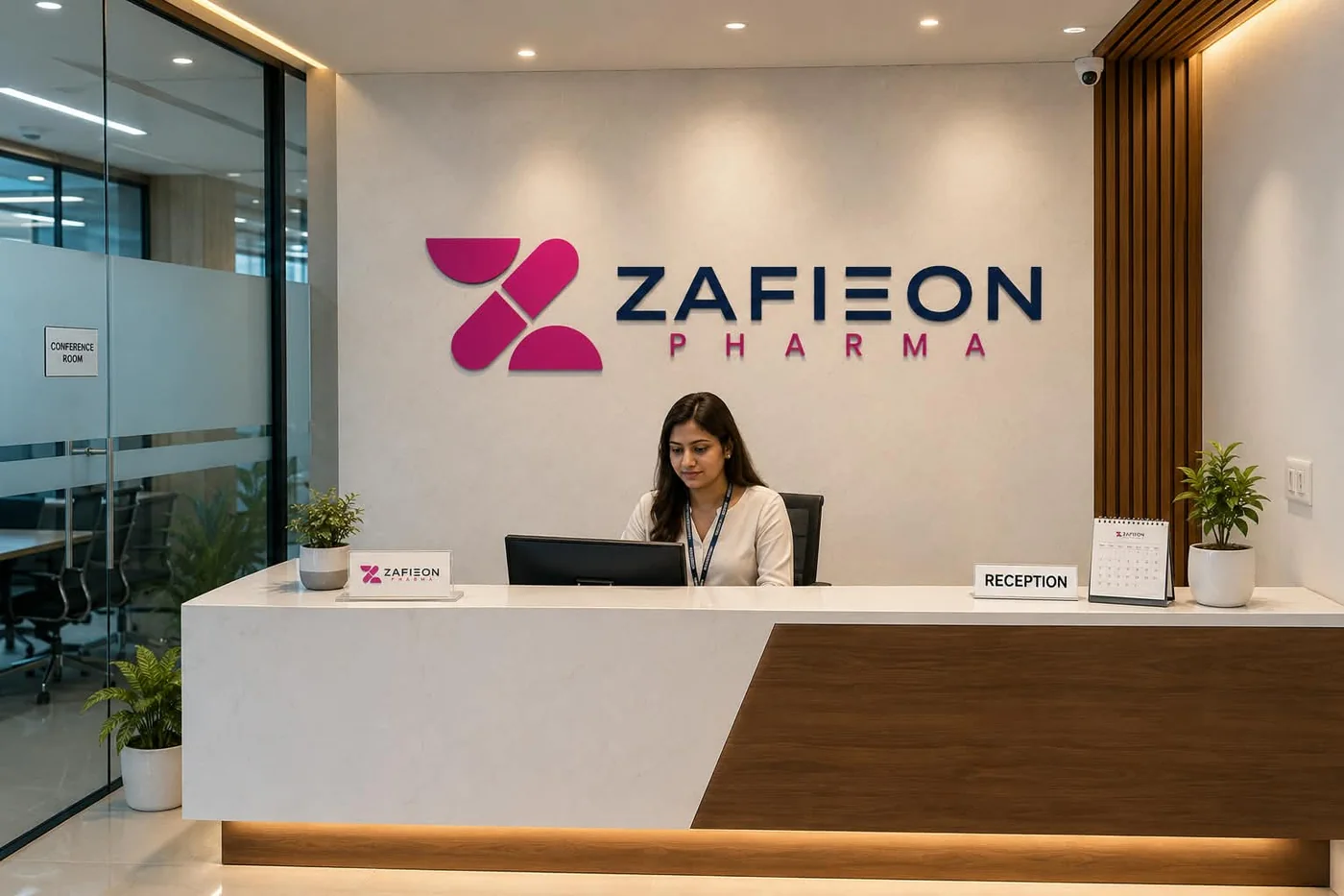 Reception at the Zafieon Pharma office, with the Zafieon Pharma logo mounted behind the desk