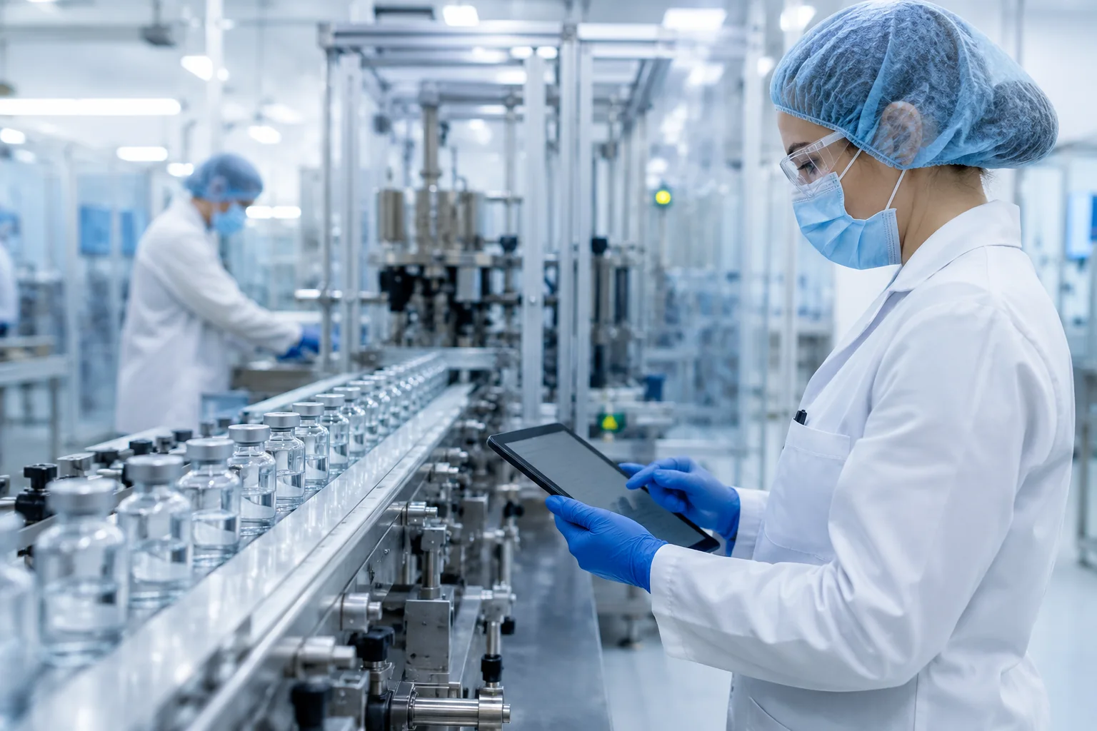 A technician in a cleanroom checking filled vials on a production line against a tablet