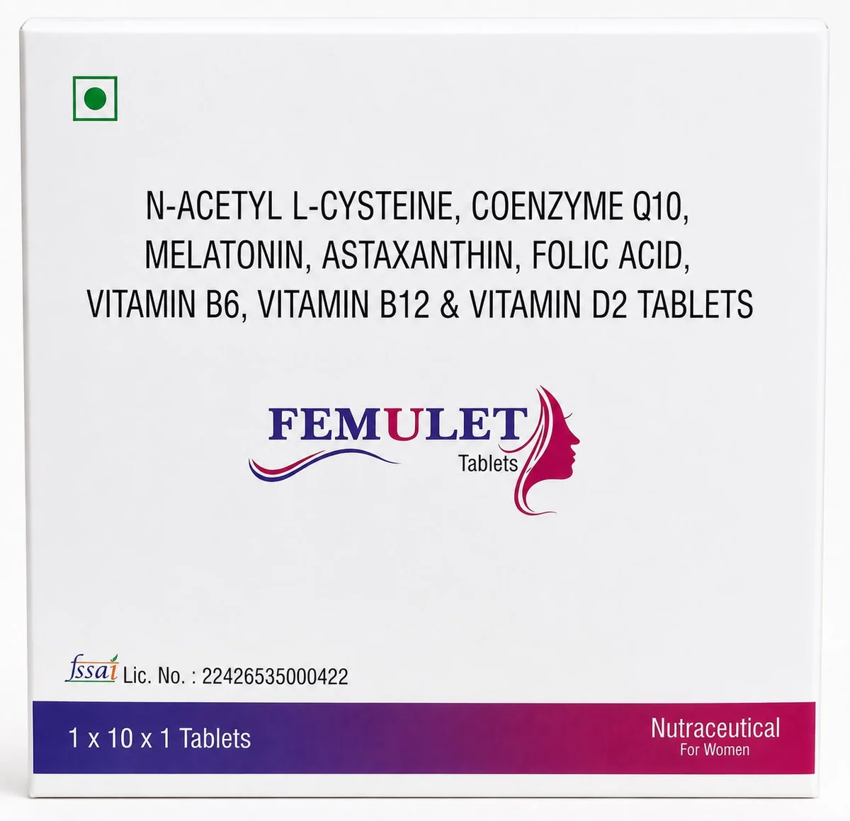Femulet carton — N-Acetyl L-Cysteine, Coenzyme Q10, Melatonin, Astaxanthin, Folic Acid and vitamin tablets, 10 x 1 x 10