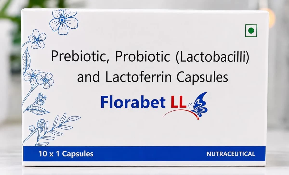 Florabet LL carton — prebiotic, probiotic Lactobacilli and Lactoferrin capsules, 10 x 10