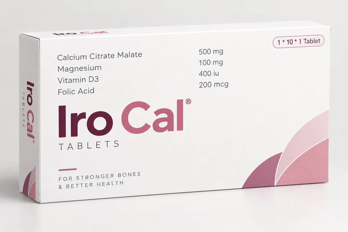 Iro Cal carton — Calcium Citrate Malate, Magnesium, Vitamin D3 and Folic Acid tablets, 1 x 10 x 1