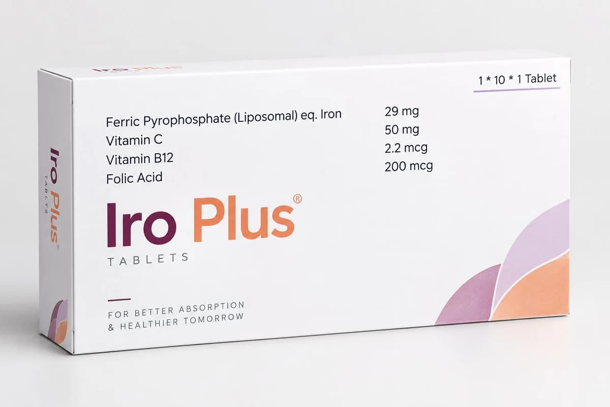 Iro Plus carton — liposomal Ferric Pyrophosphate, Vitamin C, Vitamin B12 and Folic Acid tablets, 1 x 10 x 1