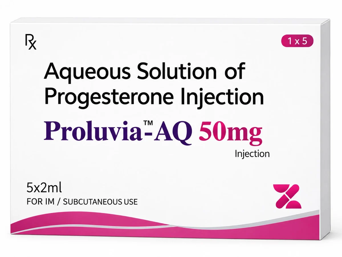 Proluvia-AQ 50 mg carton — aqueous solution of Progesterone injection, 5 x 2 ml, bearing the Zafieon Pharma mark
