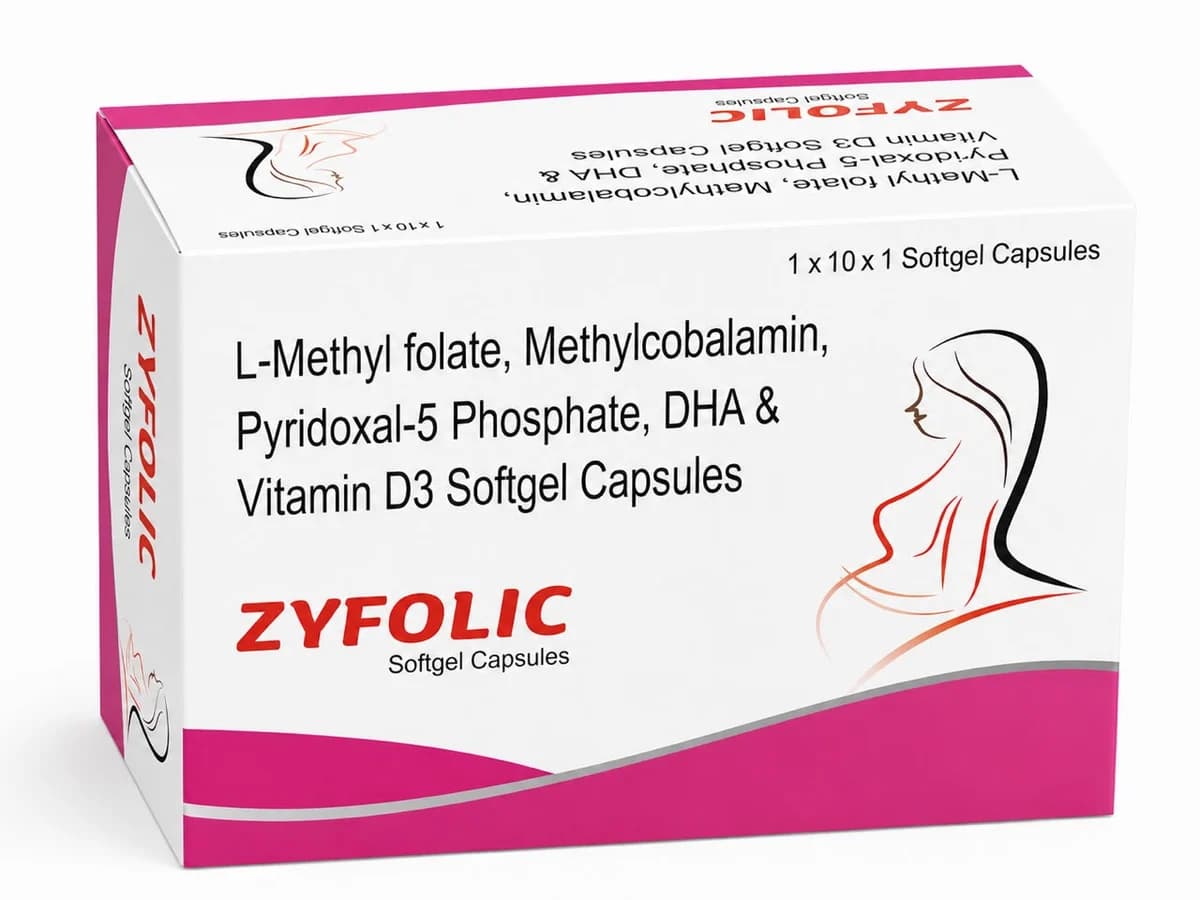 Zyfolic carton — L-Methyl folate, Methylcobalamin, Pyridoxal-5 Phosphate, DHA and Vitamin D3 softgel capsules, 10 x 1 x 10